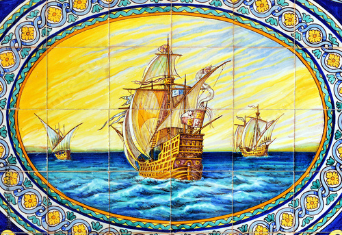 Galeones de la Carrera de Indias, azulejo de Sevilla, España photo