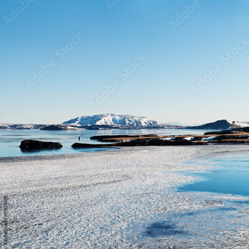 Frozen lake, icelandic winter landscape