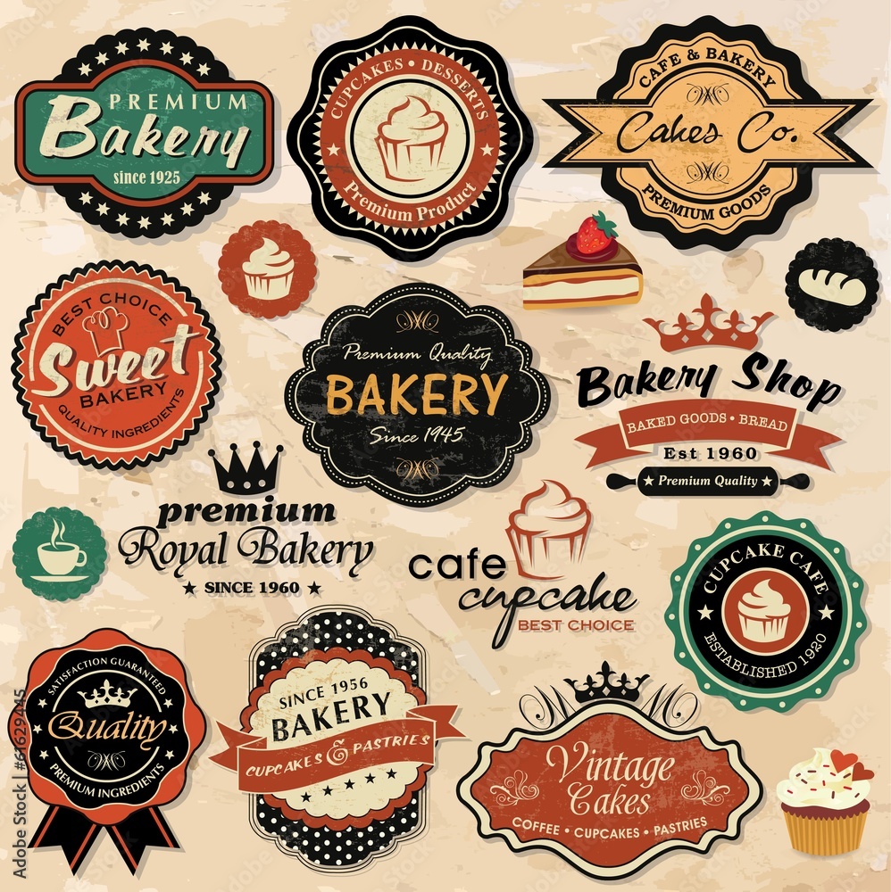 Collection of vintage retro grunge food labels, badges and icons