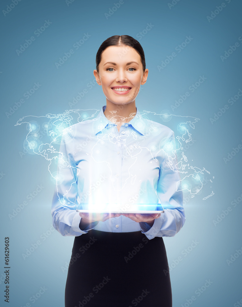 businesswoman with tablet pc and world hologram businesswoman with tablet pc and world hologram