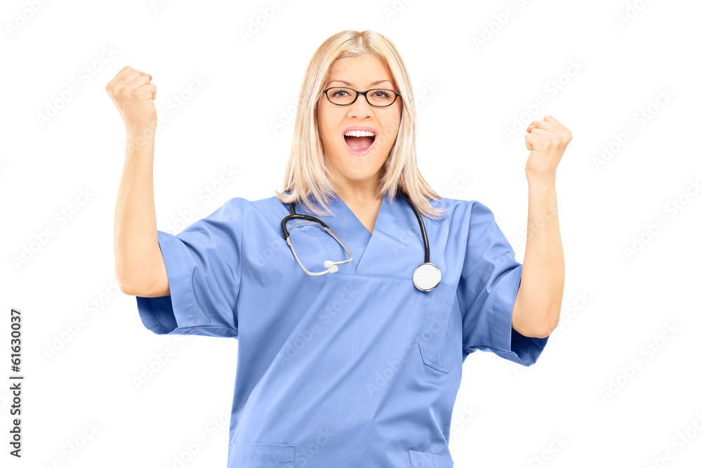 Happy female doctor gesturing happiness Happy female doctor gesturing happiness