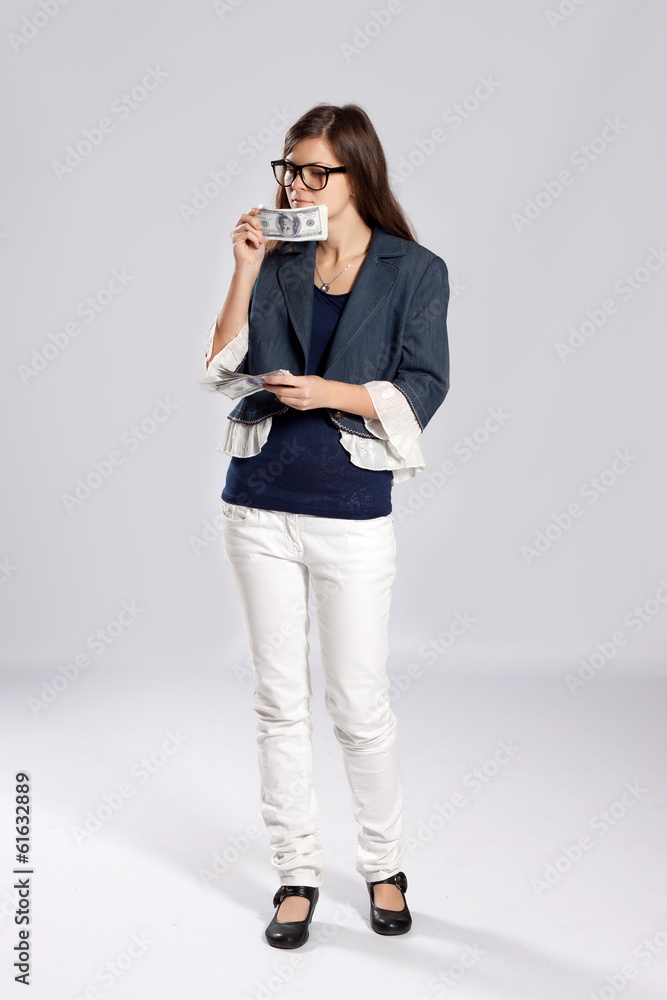 Young long-haired woman and money Young long-haired woman and money