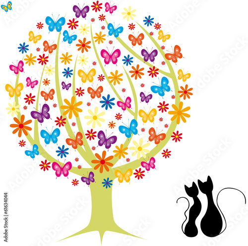 arbre fleurs papillons et chats amoureux