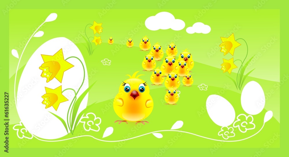 Crowd of small chicken on easter background