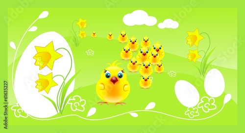 Crowd of small chicken on easter background