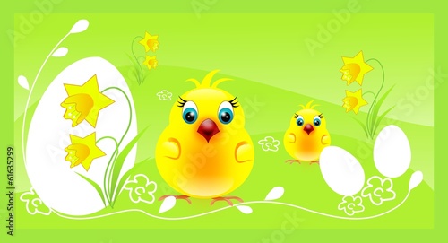 Two yellow chickens on easter background