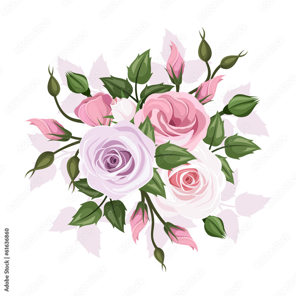 Roses and lisianthus flowers. Vector illustration.