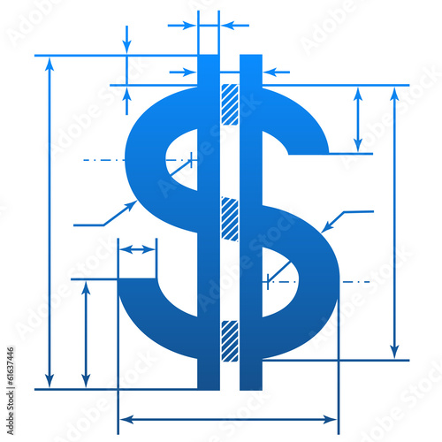 Dollar symbol with dimension lines for blueprint drawing