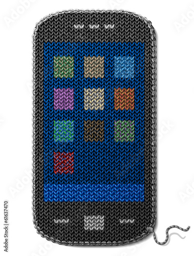 Smartphone symbol of knitted fabric isolated on white background