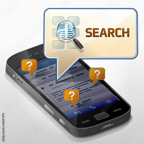 Smartphone with message bubble about search pop up over screen