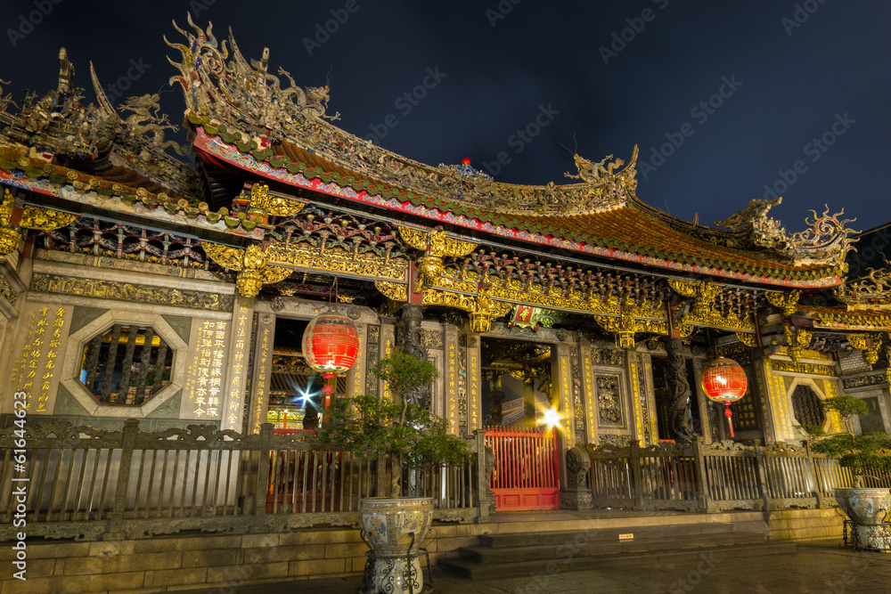 Ornate Longshan Temple at night in Taipei, Taiwan