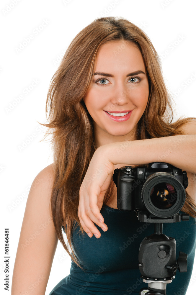 portrait of beauty woman with camera on white portrait of beauty woman with camera on white