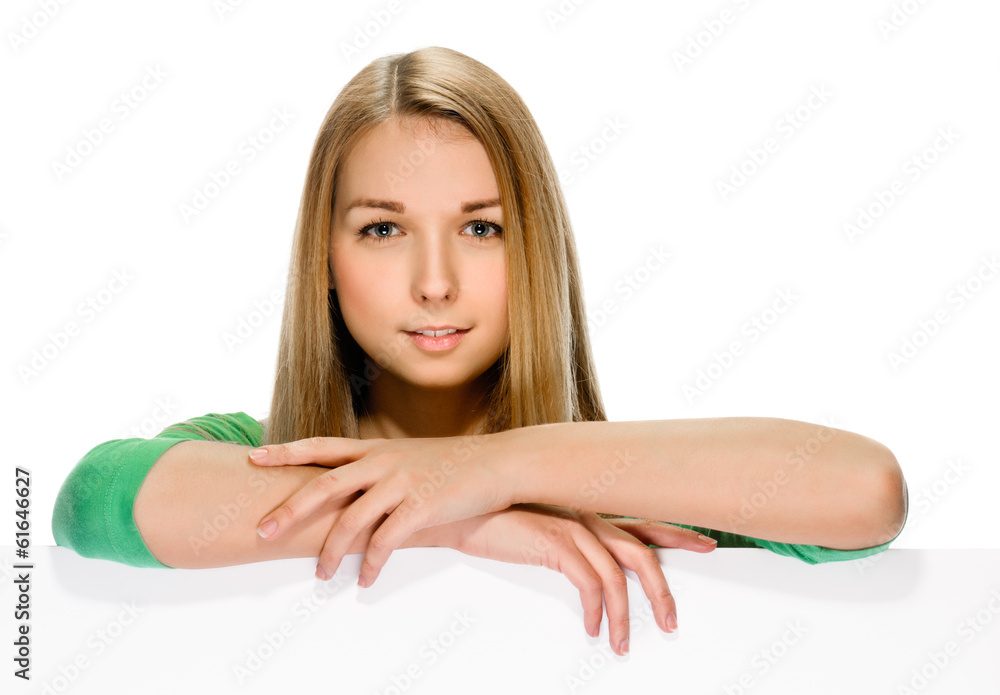 portrait of young woman with copy space desk on white background portrait of young woman with copy space desk on white background
