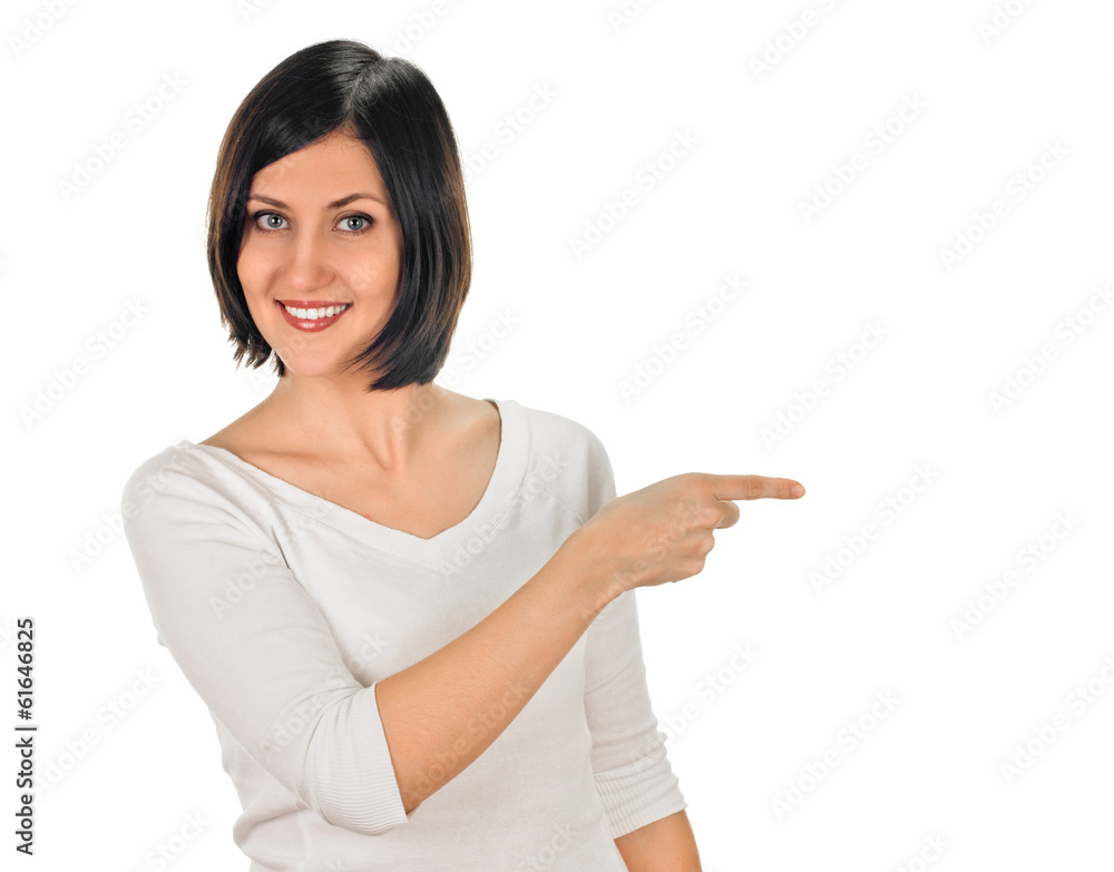 young woman shows sign and symbols on white background young woman shows sign and symbols on white background