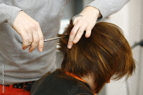 Professional hairdresser with long hair model