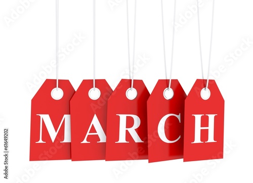 March tag on red hanging labels. March promotions.
