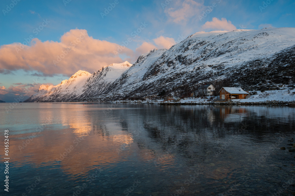 Landscape of Mountain reflection, Ersfjordbotn, Norway.