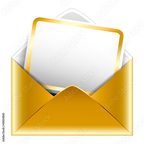 Golden paper envelope with a postcard on white background. Holid