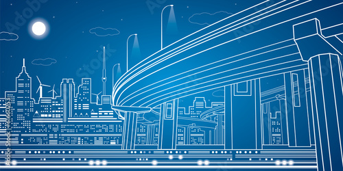 Night city, vector town, vector lines overpass, bridge, design