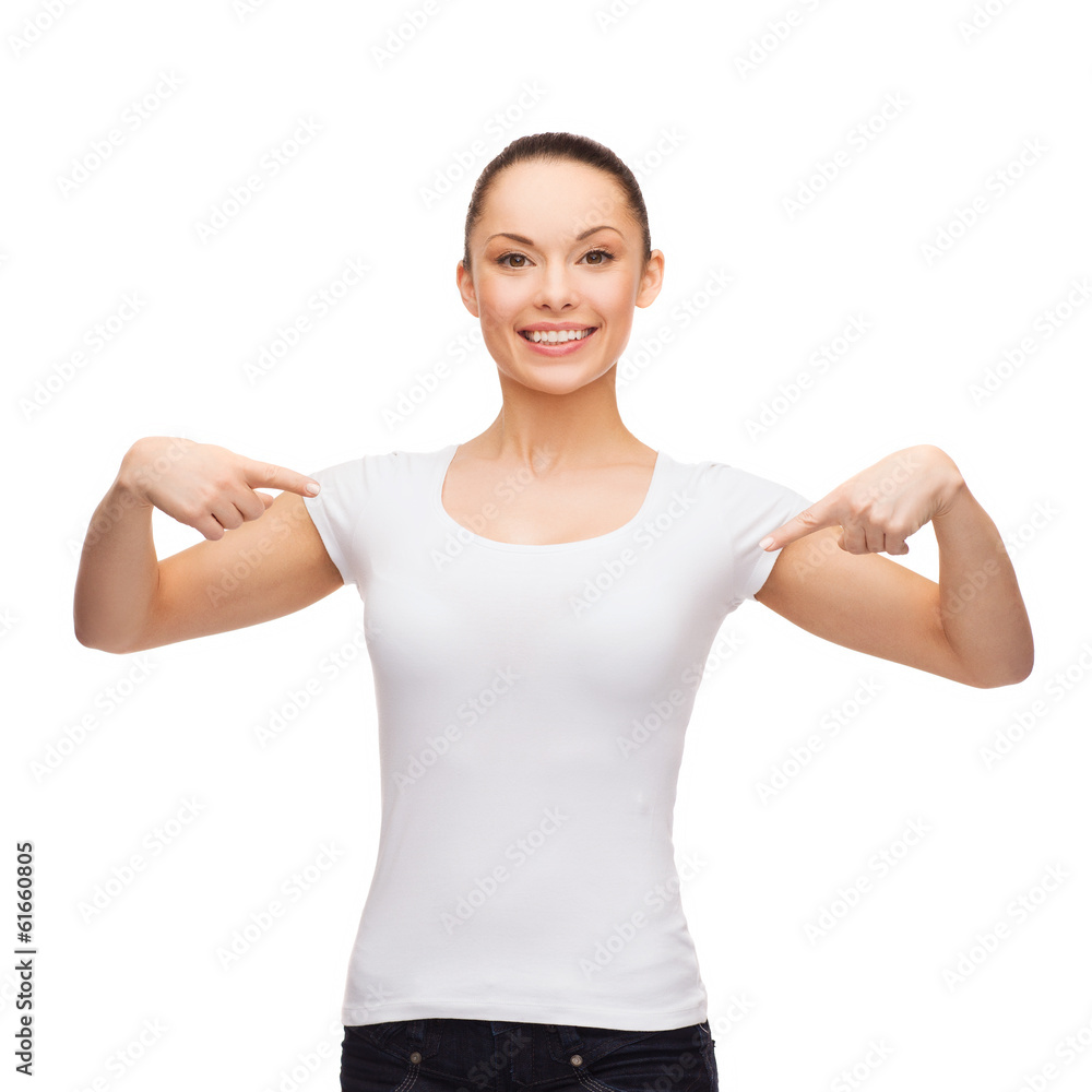 smiling woman in blank white t-shirt smiling woman in blank white t-shirt