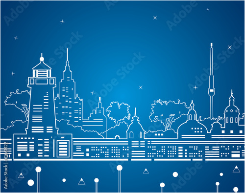 Neon park, vector lines garden, vector city on the water