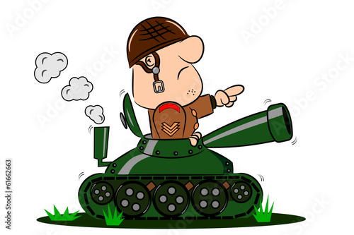 A cartoon army soldier in the turret of a tank