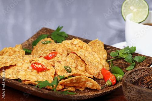 crispy fried and spicy tempeh, Indonesian food