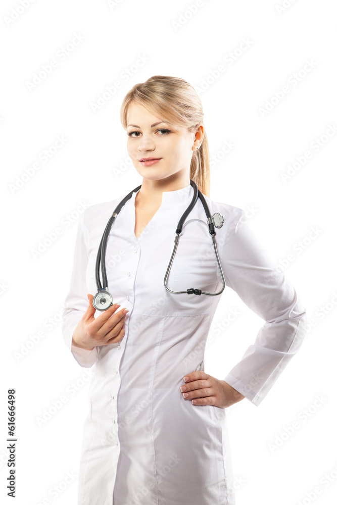 Smiling doctor woman with stethoscope over white Smiling doctor woman with stethoscope over white