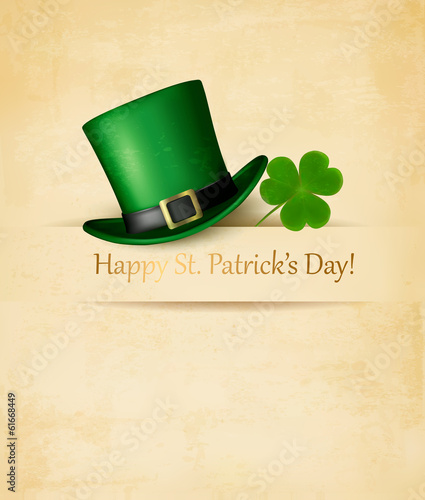Saint Patrick's Day background with clove leaf and green hat. Ve