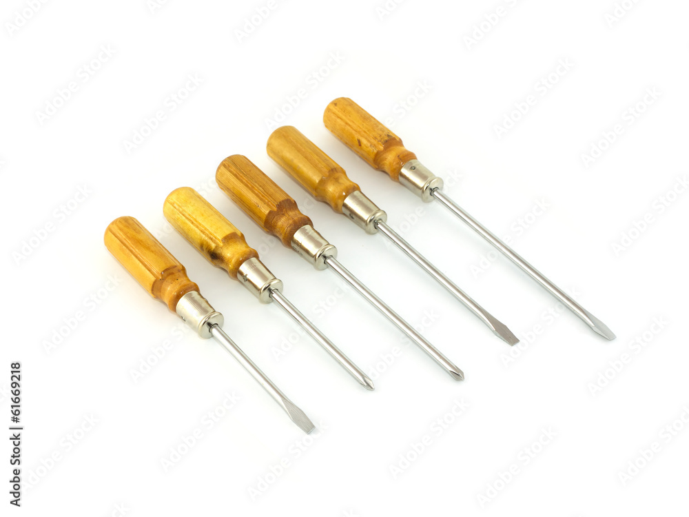Five different sizes screwdrivers isolated diagonal view Five different sizes screwdrivers isolated diagonal view