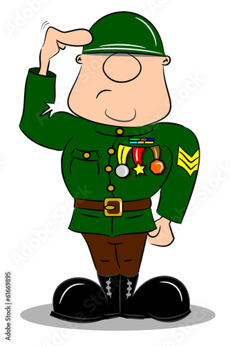 A saluting cartoon soldier in army uniform with medals