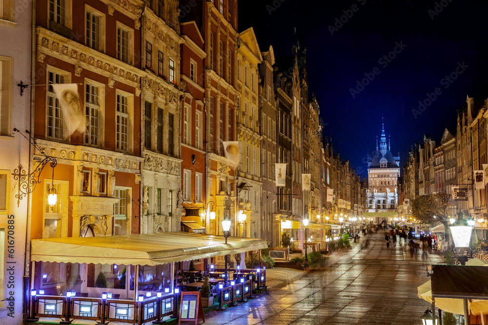 Long Street and Golden Gate at night in Gdansk, Poland.