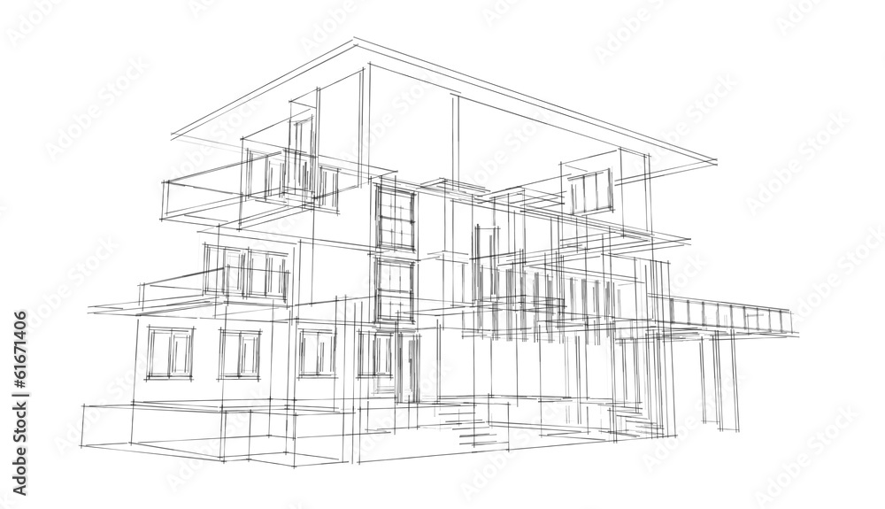 Modern architecture wireframe. Wireframe building illustration of architecture CAD drawing.