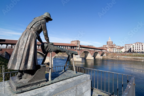 Laundress statue and Old Bridge of Pavia photo