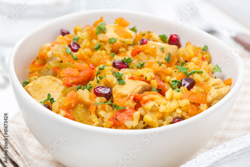 rice with vegetables, chicken and pomegranate, close-up