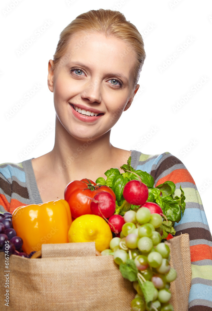 woman holding a bag full of healthy food. shopping . woman holding a bag full of healthy food. shopping .