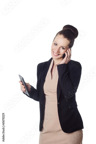 business woman talking on mobile phone over white