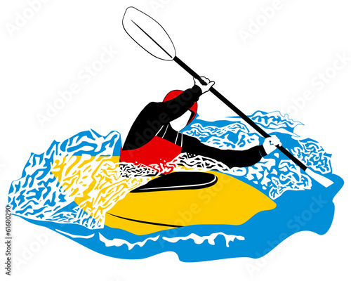 paddler in yellow boat rawing through waves with white foam