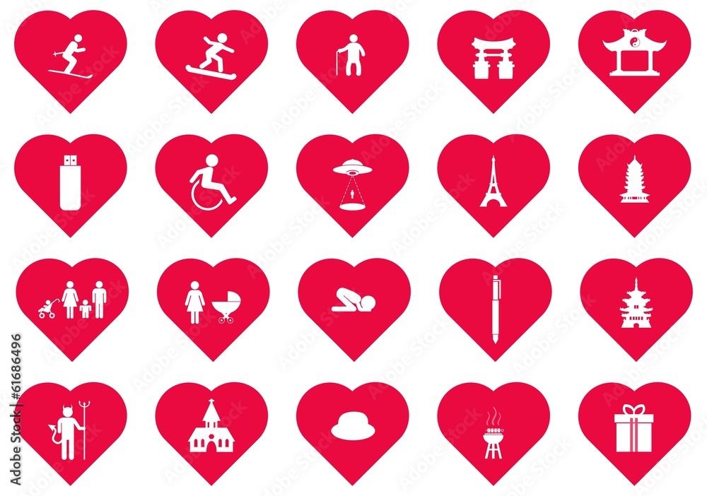 Symboles dans 20 cœurs