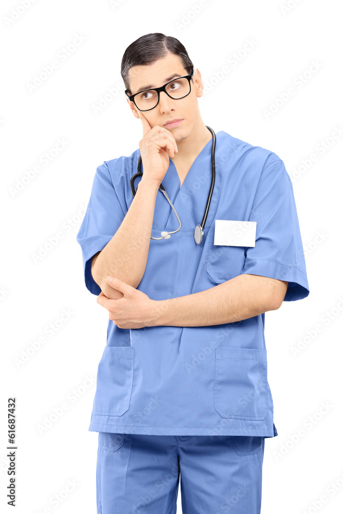 Concerned male doctor isolated on white background Concerned male doctor isolated on white background