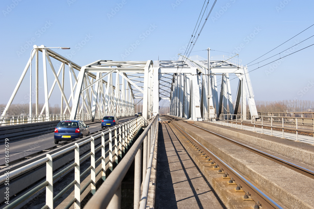 Combined railway and car bridge over river