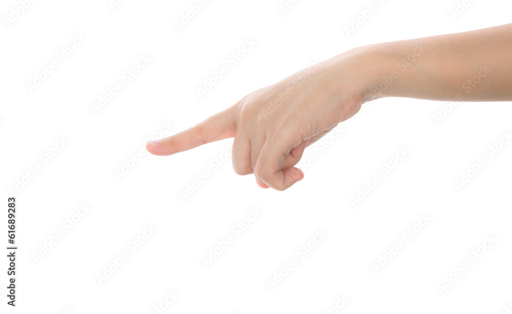 Woman hand touching virtual screen isolated on white background Woman hand touching virtual screen isolated on white background