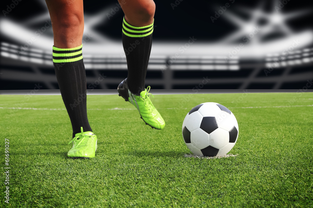 Fototapeta premium soccer ball on the football field in stadium at night