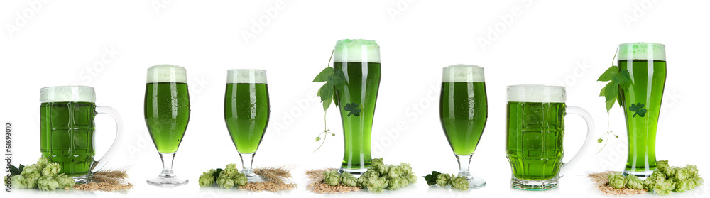Collage of green beer, isolated on white. St. Patrick's Day Collage of green beer, isolated on white. St. Patrick's Day