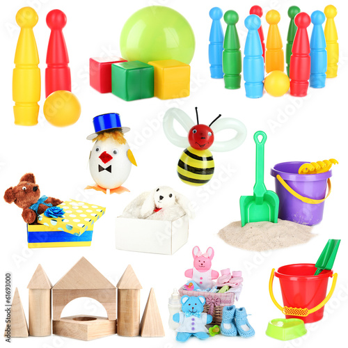 Collage of children toys isolated on white