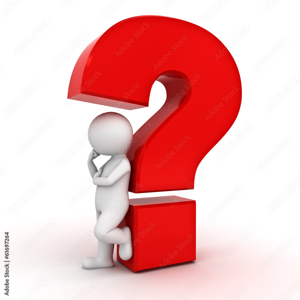 3d man leaning against red question mark and thinking on white 3d man leaning against red question mark and thinking on white