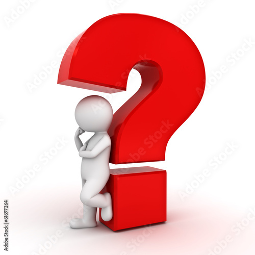 3d man leaning against red question mark and thinking on white