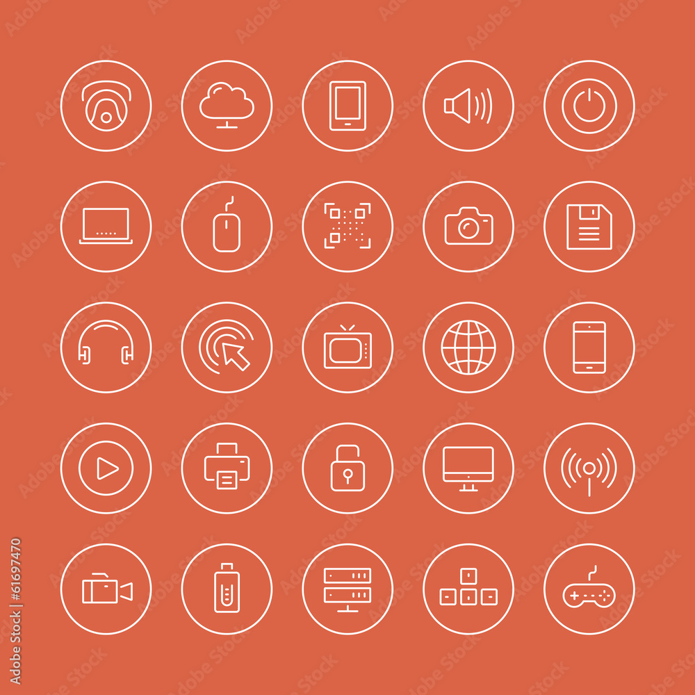 Multimedia and technology flat line icons Multimedia and technology flat line icons