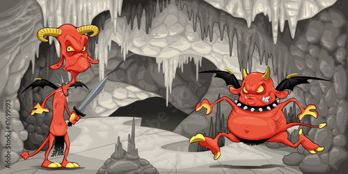 Inside the cavern with funny devils.