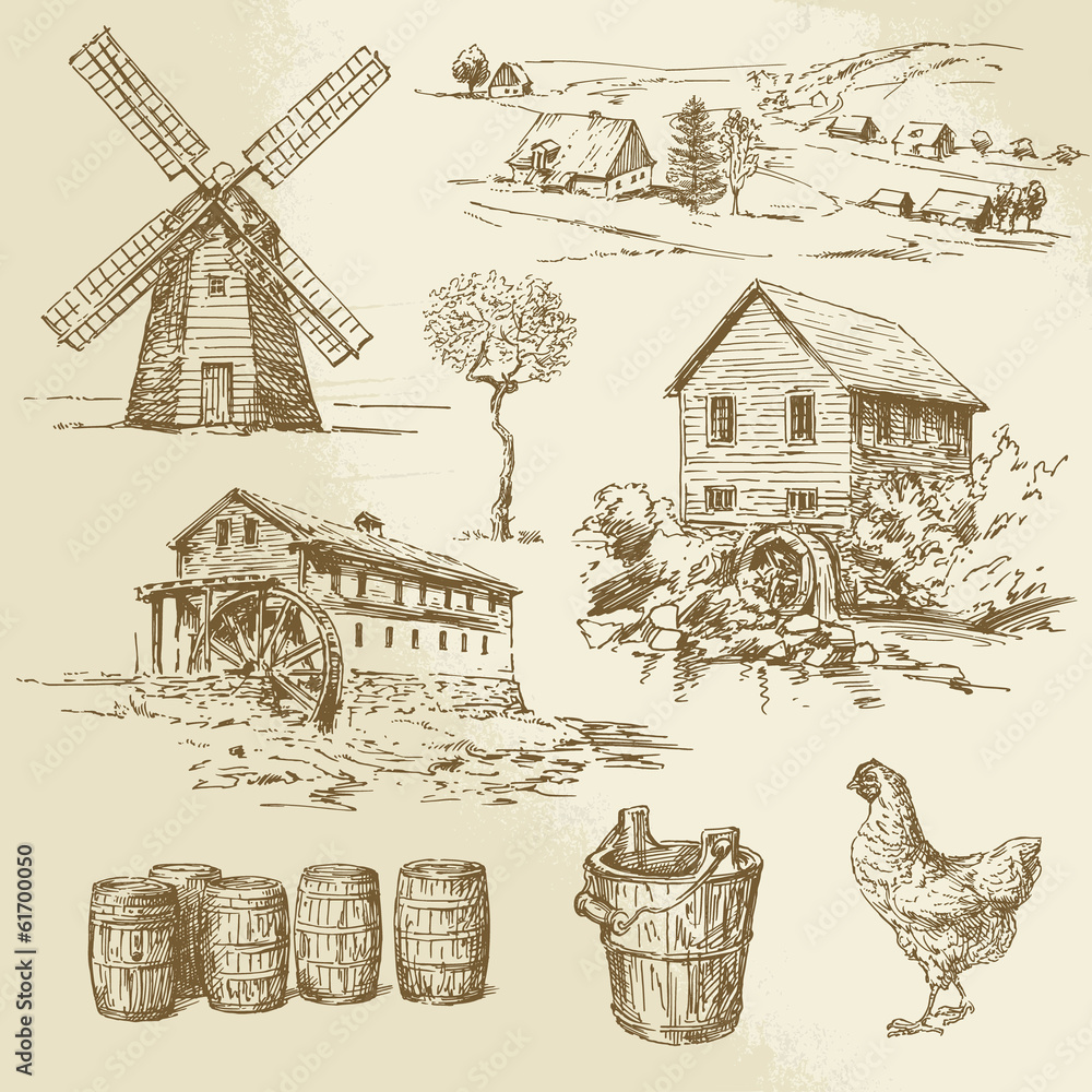 Фотография Watermill and windmill - hand drawn collection